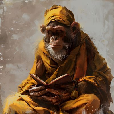 Meditierender Affe mit Turban und Buch